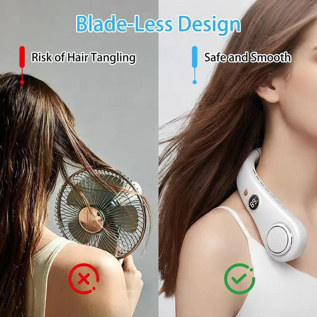 Alt view image 7 of 7 - Portable Neck Fan, Rechargeable Hands-Free Wearable Fan, 5 Speeds, Bladeless & LED Display, Long Use Time, Personal Cooling Fan for Travel, Outdoors, Camping (White)