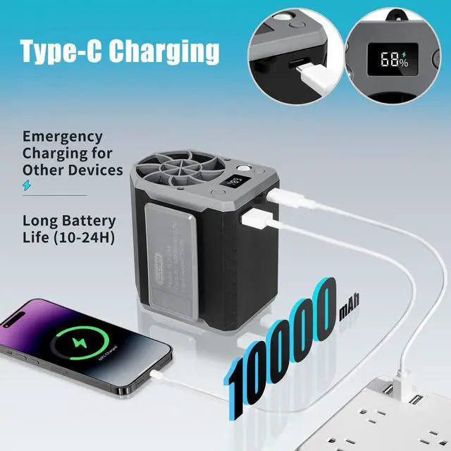 Alt view image 2 of 7 - Portable Waist Fan, 10000mAh Rechargeable Belt Clip Fan, 10000RPM 4 Speeds, 24H Working Time, Hands-Free Wearable Design for Outdoor Workers, Camping, Hiking