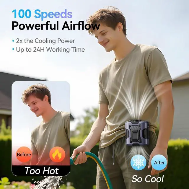 Alt view image 4 of 7 - 5 in 1 Portable Waist Fan, 100 Speeds Powerful 13500RPM, Hands-Free Neck Fan with up to 24H Cooling, Rechargeable Personal Wearable Belt Body Shirt Fan for Camping Outdoor Jobsite, Grey