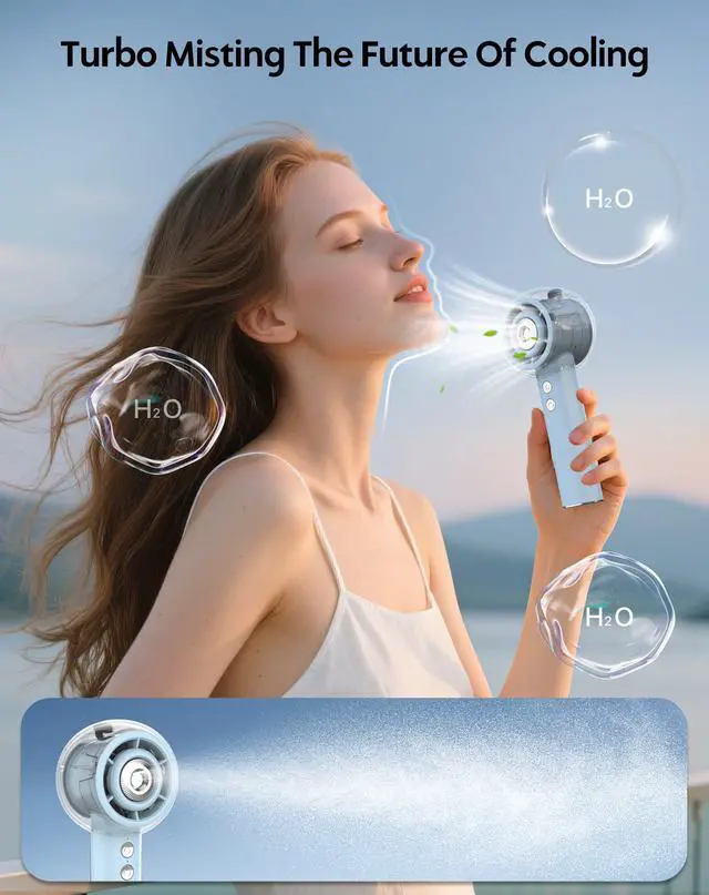 Alt view image 2 of 7 - Portable Misting Fan, Handheld Turbo Fan with Mist, 6000mAh Battery Rechargeable Personal Fans Mister 4-Speed, 25ml Water Spray Tank, Gifts for Women Men Home Office Travel Outdoor Camping