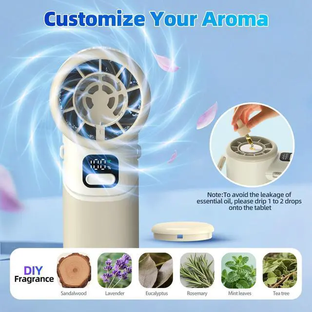 Alt view image 4 of 7 - Portable Handheld Turbo Fan, 4000mAh Rechargeable Mini Personal Fan, 5 Speeds, USB-C 90° Adjustable Desk Fan, Aroma Diffuser, Up to 12H Cooling for Travel, Office, Makeup, Beach, Cream Beige