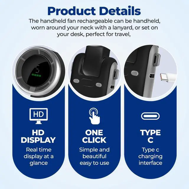 Alt view image 5 of 7 - Rechargeable Handheld Turbo Fan 5-Speed Cooling, Long-Lasting Battery up to 12H, 3-in-1 Mini Fan with Turbo Airflow Tech for Travel, Outdoor, Beach & Sports (Black)