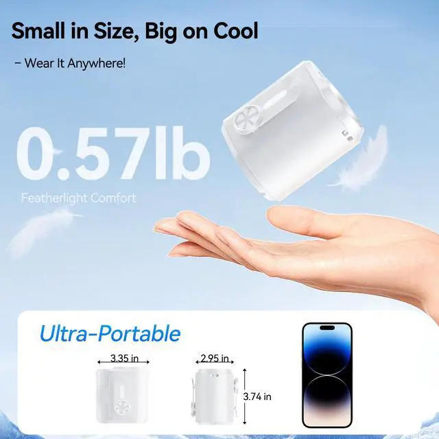 Alt view image 7 of 7 - Smart Portable Rechargeable Fan with Ice Cooler, 100-Speed, 20000RPM Turbo Cooling Personal Waist Fan, 4000mAh Wearable Neck & Belt Clip Fan for Work Camping Outdoor Hiking, White