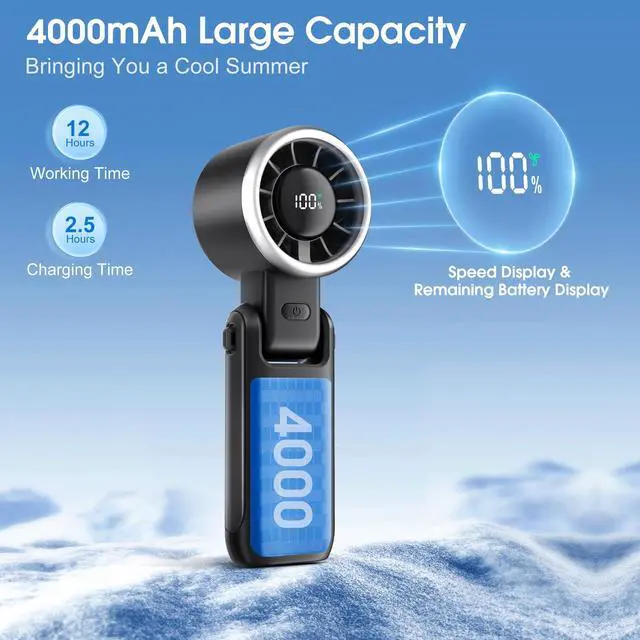 Alt view image 4 of 7 - Portable Handheld Turbo Fan: 12m/s Strong Wind 15000RPM High Speed Mini Fan, 4000mAh Battery Rechargeable Personal Fan with LED Display, 3 in 1 Foldable Fan for Tech Gift, (Black)