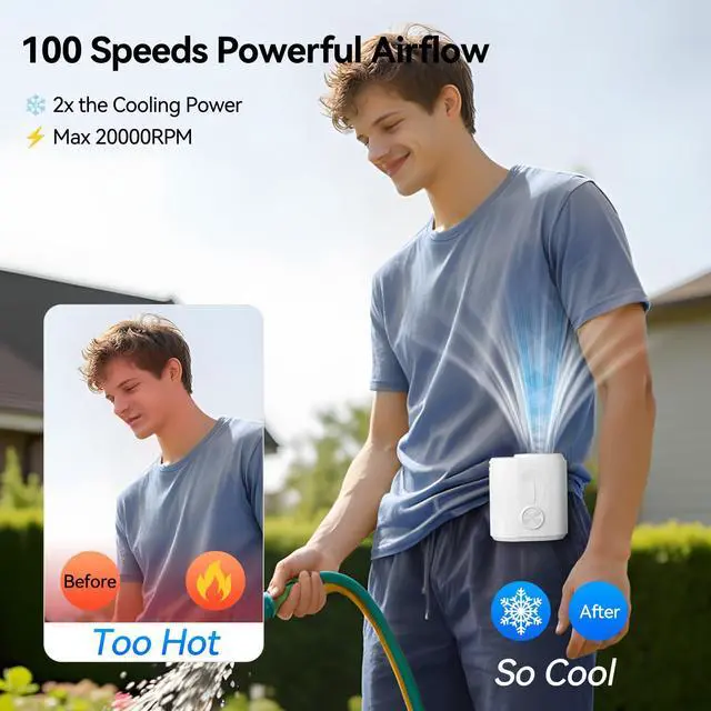 Alt view image 4 of 7 - Smart Portable Rechargeable Fan with Ice Cooler, 100-Speed, 20000RPM Turbo Cooling Personal Waist Fan, 4000mAh Wearable Neck & Belt Clip Fan for Work Camping Outdoor Hiking, White