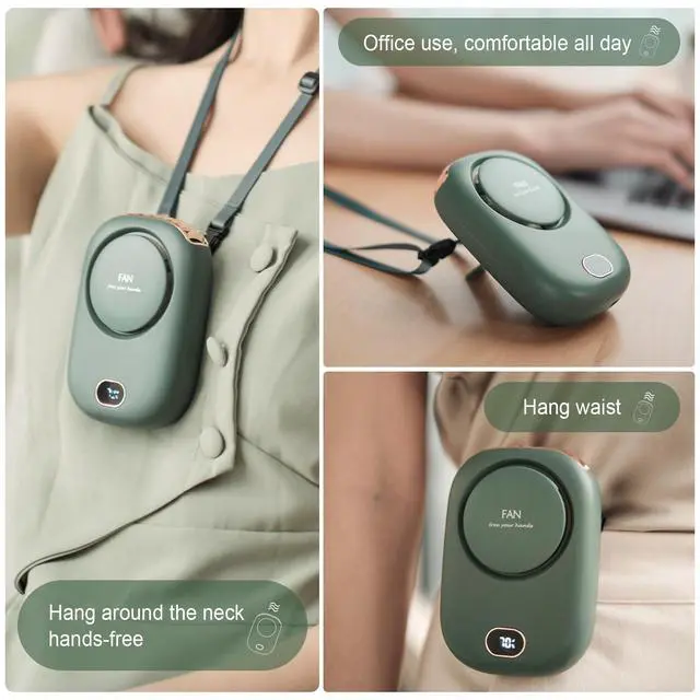 Alt view image 2 of 7 - Portable Neck Fan, Hanging Neck Fan Hands Free with Adjustable Lanyard and Bracket, USB Rechargeable Bladeless Mini Fans Portable, 3 Speeds for Women Kids Outdoor Travel, Green