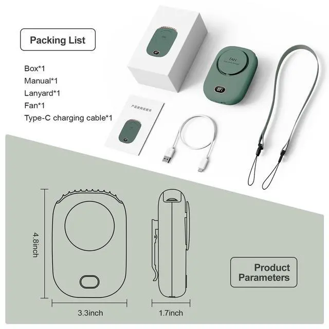 Alt view image 7 of 7 - Portable Neck Fan, Hanging Neck Fan Hands Free with Adjustable Lanyard and Bracket, USB Rechargeable Bladeless Mini Fans Portable, 3 Speeds for Women Kids Outdoor Travel, Green
