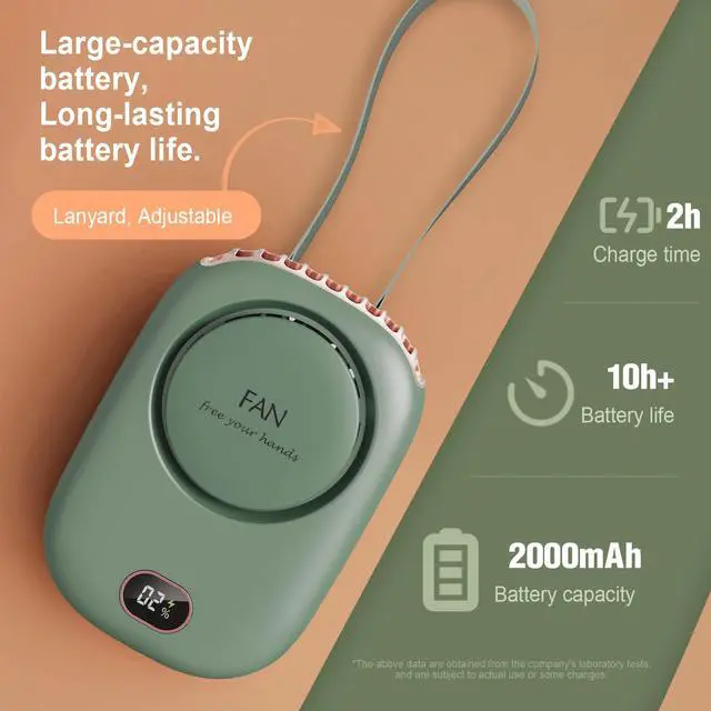 Alt view image 4 of 7 - Portable Neck Fan, Hanging Neck Fan Hands Free with Adjustable Lanyard and Bracket, USB Rechargeable Bladeless Mini Fans Portable, 3 Speeds for Women Kids Outdoor Travel, Green