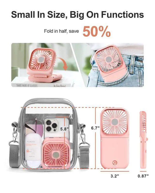 Alt view image 2 of 7 - Portable Handheld Fan for Travel - Rechargeable Fan with Phone Holder 3 Speed Adjustable, Small Folding Fan for Trip Outdoor Beach Concert Cruise Essentials 2026, Pink