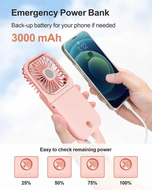 Alt view image 4 of 7 - Portable Handheld Fan for Travel - Rechargeable Fan with Phone Holder 3 Speed Adjustable, Small Folding Fan for Trip Outdoor Beach Concert Cruise Essentials 2026, Pink