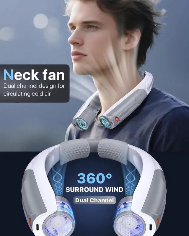 Alt view image 3 of 7 - Portable Neck Fan USB-C Rechargeable, with 6000mAh Battery, Hands-Free Personal Fan 6 Speeds, 6-20Hrs Cooling, Adjustable 11oz Lightweight, Neck Cooler for Outdoor Sports/Gym/Office