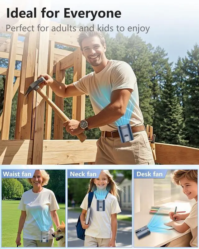 Alt view image 5 of 7 - Waist Fan Clip on Cold Air-Mini Lightweight Portable Fan Rechargeable Battery Powered,Small Personal Wearable Shirt Belt Hard Hat Hip Back Body Fans,Cooling Hanging Neck Cooler Ac for Men Women Kids