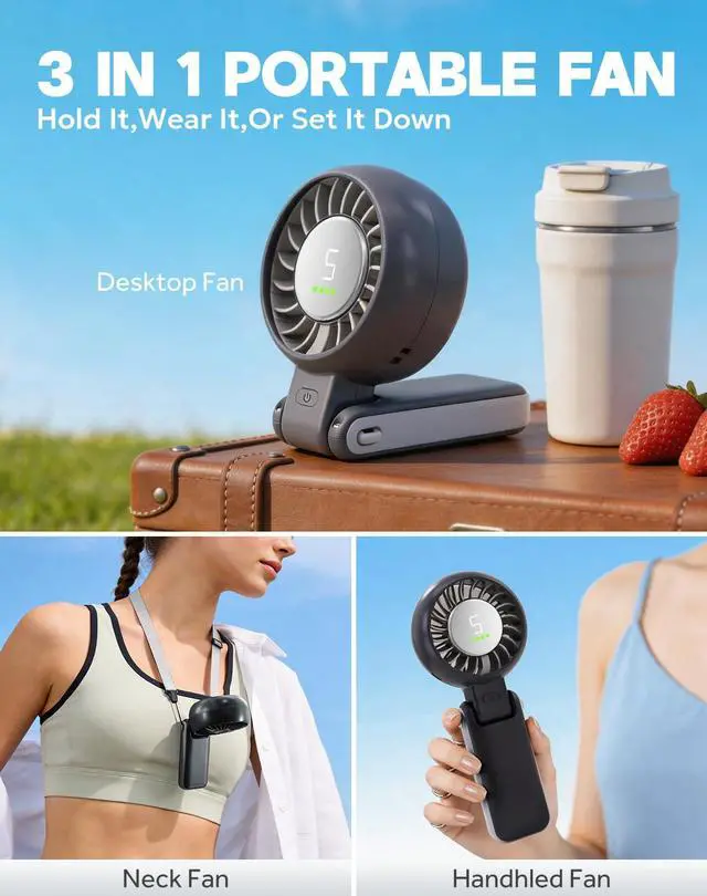 Alt view image 2 of 7 - Portable Handheld Turbo Fan Foldable Personal Fans, 5 Gear Wind, 4000mAh Rechargeable Battery Operated, Up to 16 Working Hours, 3 IN 1 Small Hand Held Fan for Travel, Camping, Beach (Black)