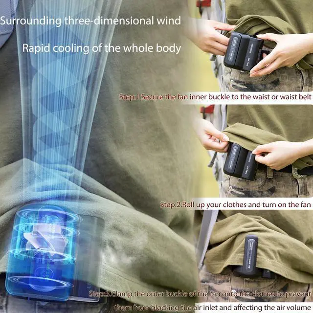Alt view image 6 of 6 - Waist Fan Portable Rechargeable 4500mAh Battery Lasts 10 Hours, 3-Speed Personal Clip-On Fan, Hands-Free Wearable Mini Cooling Fans for Outdoor Work, Construction, Fishing, Camping