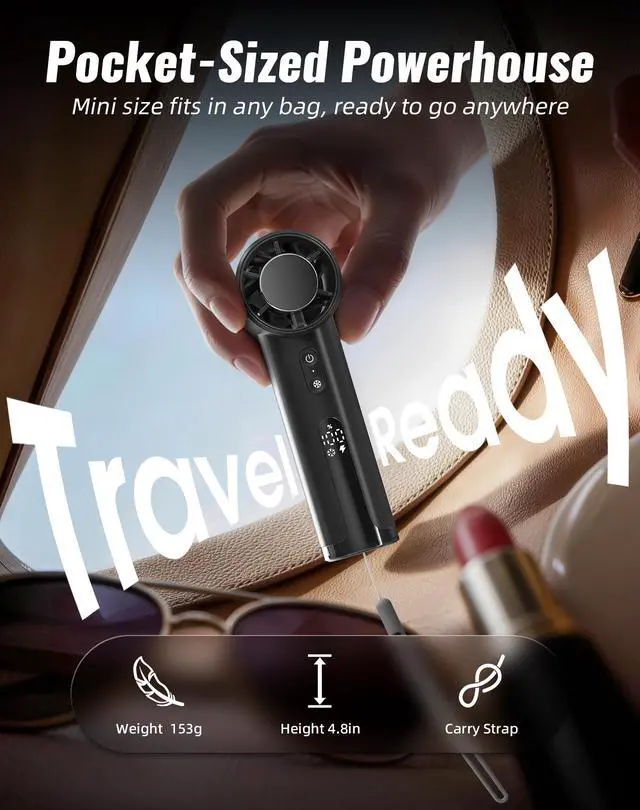 Alt view image 3 of 7 - Portable Handheld Fan with Ice Cooler, Turbo Power 17800 RPM, Fast Charge, Digital Display, 100 Speeds Adjustable, Personal Fan Gifts for Women Makeup Travel Cruise Camping Outdoor, Black