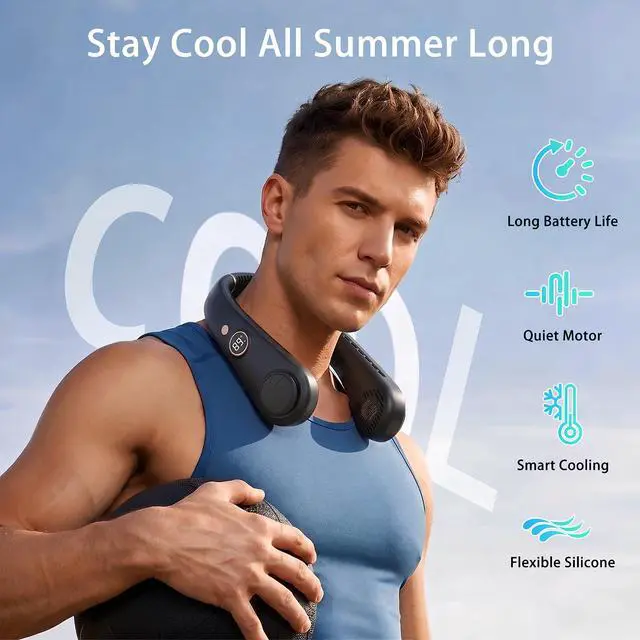 Alt view image 2 of 7 - Portable Neck Fan, Rechargeable Hands-Free Wearable Fan, 5 Speeds, Bladeless & LED Display, Long Use Time, Personal Cooling Fan for Travel, Outdoors, Camping (Black)