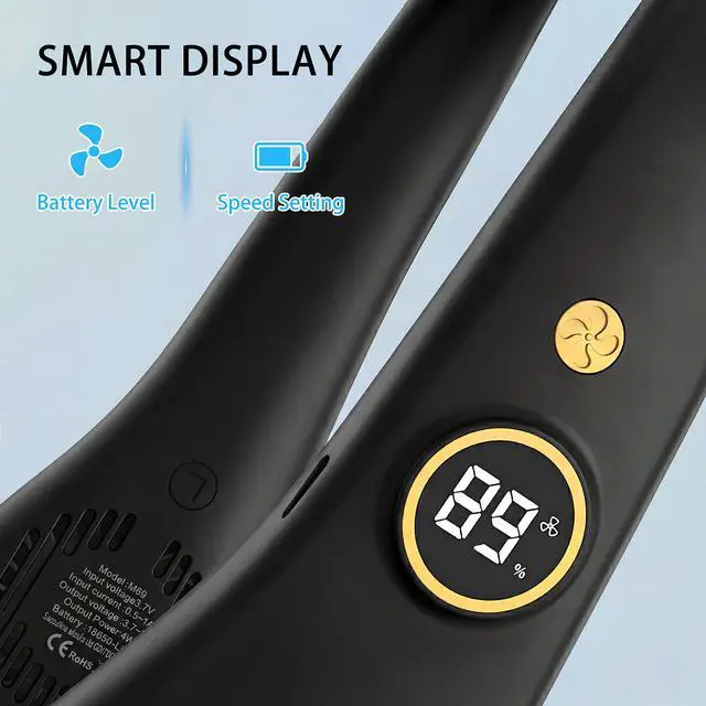 Alt view image 4 of 7 - Portable Neck Fan, Rechargeable Hands-Free Wearable Fan, 5 Speeds, Bladeless & LED Display, Long Use Time, Personal Cooling Fan for Travel, Outdoors, Camping (Black)