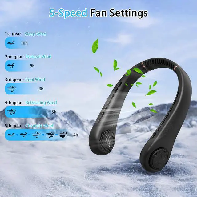 Alt view image 3 of 7 - Portable Neck Fan, Rechargeable Hands-Free Wearable Fan, 5 Speeds, Bladeless & LED Display, Long Use Time, Personal Cooling Fan for Travel, Outdoors, Camping (Black)