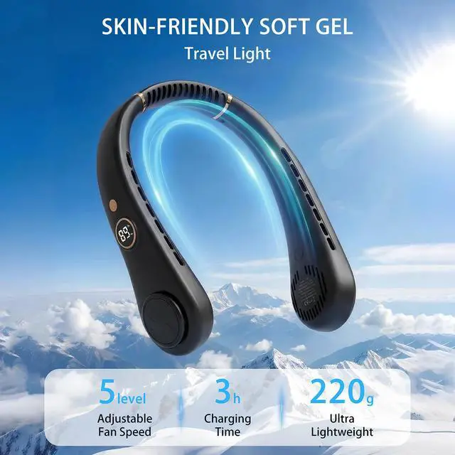 Alt view image 5 of 7 - Portable Neck Fan, Rechargeable Hands-Free Wearable Fan, 5 Speeds, Bladeless & LED Display, Long Use Time, Personal Cooling Fan for Travel, Outdoors, Camping (Black)