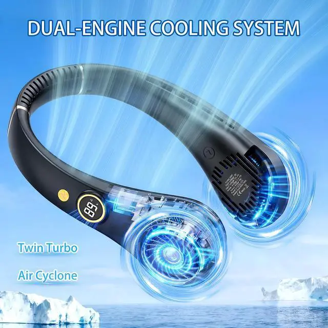 Alt view image 6 of 7 - Portable Neck Fan, Rechargeable Hands-Free Wearable Fan, 5 Speeds, Bladeless & LED Display, Long Use Time, Personal Cooling Fan for Travel, Outdoors, Camping (Black)