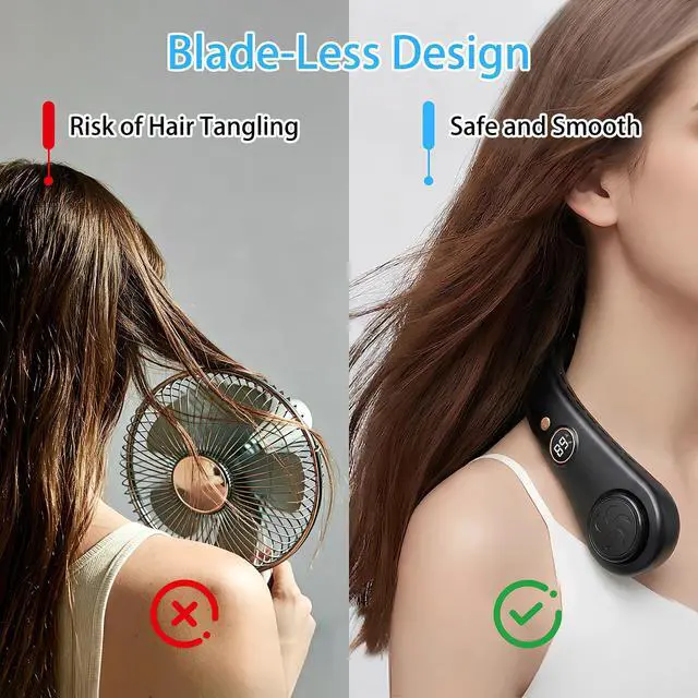 Alt view image 7 of 7 - Portable Neck Fan, Rechargeable Hands-Free Wearable Fan, 5 Speeds, Bladeless & LED Display, Long Use Time, Personal Cooling Fan for Travel, Outdoors, Camping (Black)