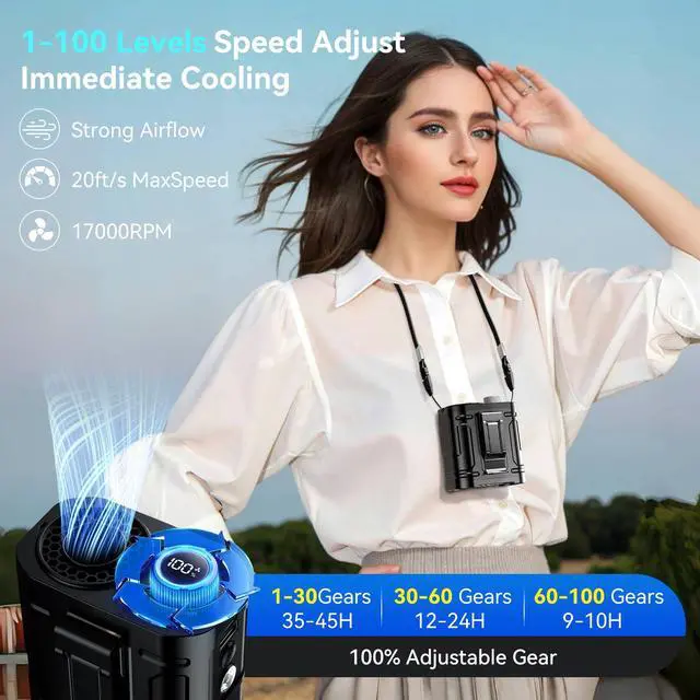 Alt view image 3 of 7 - 12000MAh Portable Waist Fan, 100 Speeds 17000RPM Strong Airflow, Belt Fan with up to 45H of Working Time, Flashlight Hands-Free Hanging Neck Fans,Rechargeable Wearable Personal Fans for Outdoor
