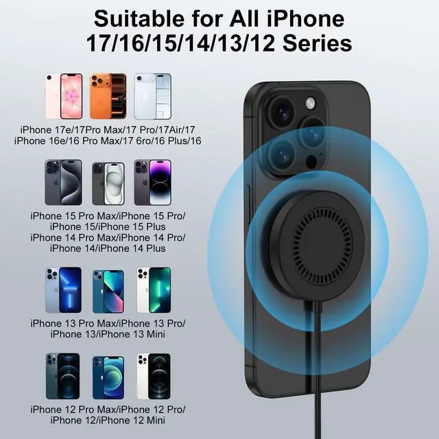 Alt view image 7 of 7 - 15W Wireless Charger Pad Magnetic Fast Charging for iPhone 17E/17 Air/17 Pro/17 Pro Max/16E/16 Pro Max,Wireless Charging Mat with 4FT USB C/USB A Port cargador inalámbrico Samsung Galaxy S26 Ultra S26