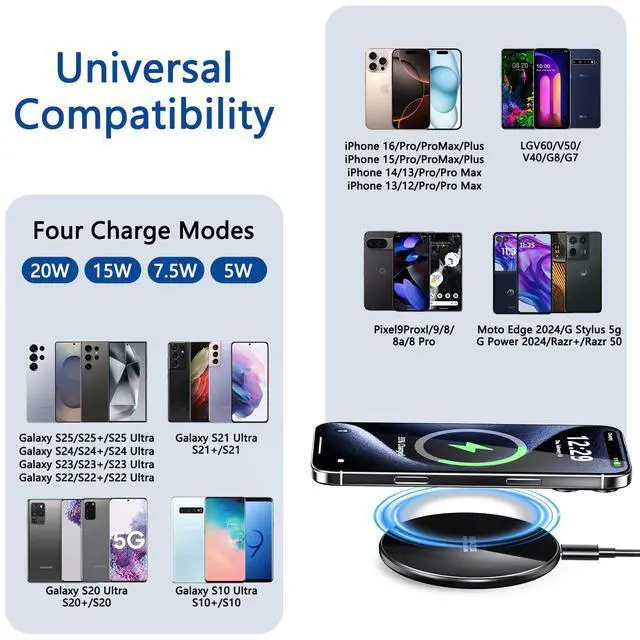 Alt view image 3 of 7 - 20W Wireless Charger, Wireless Charging Pad 20W Wireless Fast Charger Compatible with iPhone 17/17 Pro Max/16/15/14/13/12//11 Series; Samsung Galaxy S25/S24/S23/S22/S21/S20, AirPods Pro 3