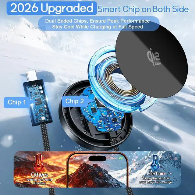 Alt view image 2 of 7 - 25W Magnetic Wireless Charger Qi2.2 Fast Charging Pad for iPhone 17 16 15 14 13 12 Pro Max/Galaxy S26 S25 S22/Google Pixel 10/AirPods, Slim Portable for Travel Bedside Office (Black)