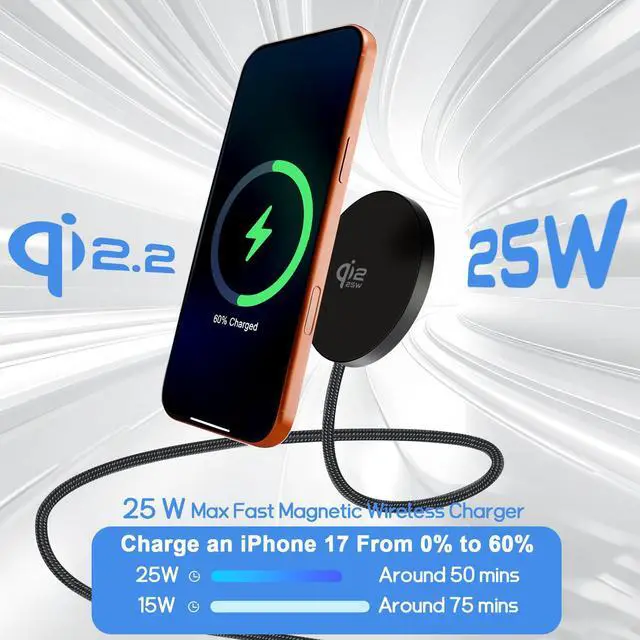 Alt view image 3 of 7 - 25W Magnetic Wireless Charger Qi2.2 Fast Charging Pad for iPhone 17 16 15 14 13 12 Pro Max/Galaxy S26 S25 S22/Google Pixel 10/AirPods, Slim Portable for Travel Bedside Office (Black)