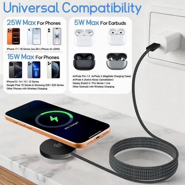 Alt view image 4 of 7 - 25W Magnetic Wireless Charger Qi2.2 Fast Charging Pad for iPhone 17 16 15 14 13 12 Pro Max/Galaxy S26 S25 S22/Google Pixel 10/AirPods, Slim Portable for Travel Bedside Office (Black)