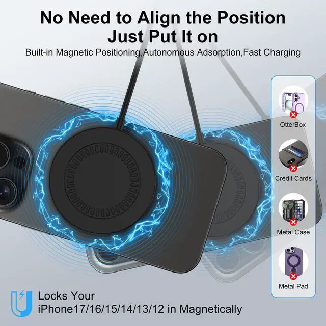 Alt view image 5 of 7 - 15W Wireless Charger Pad Magnetic Fast Charging for iPhone 17E/17 Air/17 Pro/17 Pro Max/16E/16 Pro Max,Wireless Charging Mat with 4FT USB C/USB A Port cargador inalámbrico Samsung Galaxy S26 Ultra S26