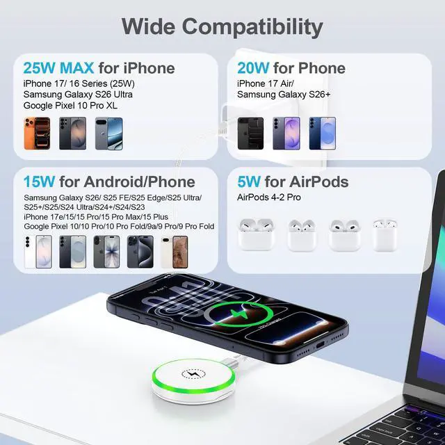 Alt view image 7 of 7 - 25W Magnetic Wireless Charger Charging Pad Fast Charging for iPhone 17 Pro Max 16 Pro Max 15 Plus 14 13 12 Pro Max,Magsafe Wireless Charger Mat Station for Samsung Galaxy S26 Ultra S26 S25 S24 S23