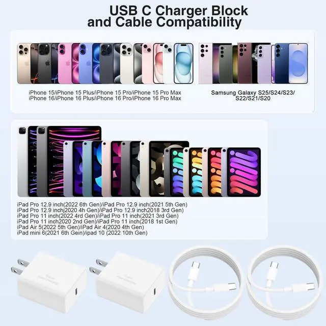 Alt view image 7 of 7 - 2Pack iPhone 17 16 15 Charger Fast Charging,USB C Super Fast Charger Block and Long Type C to C Cable Cord 10ft for Apple iPhone 17 Pro Max/17 Air/16 Pro/16 Pro Max/15 Plus/15 Pro/iPad Plug Cube