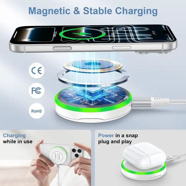 Alt view image 3 of 7 - 25W Magnetic Wireless Charger Fast Charging Pad for MagSafe Charger for iPhone 17 Pro Max/17e/17/17 Pro/16/16 Pro Max/16 Pro/15/14/13/12/Samsung Galaxy S26 Ultra/S25/S24/S23/S22/S21/AirPods 4/3/2/Pro