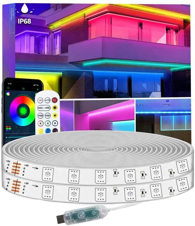 Main image of 32.8FT LED Strip Lights IP68 Outdoor Waterproof, 5V USB Powered, Music Sync Bluetooth APP/RF Remote Control Lights for Balcony,Deck,Camping,Garden,Bedroom Decor