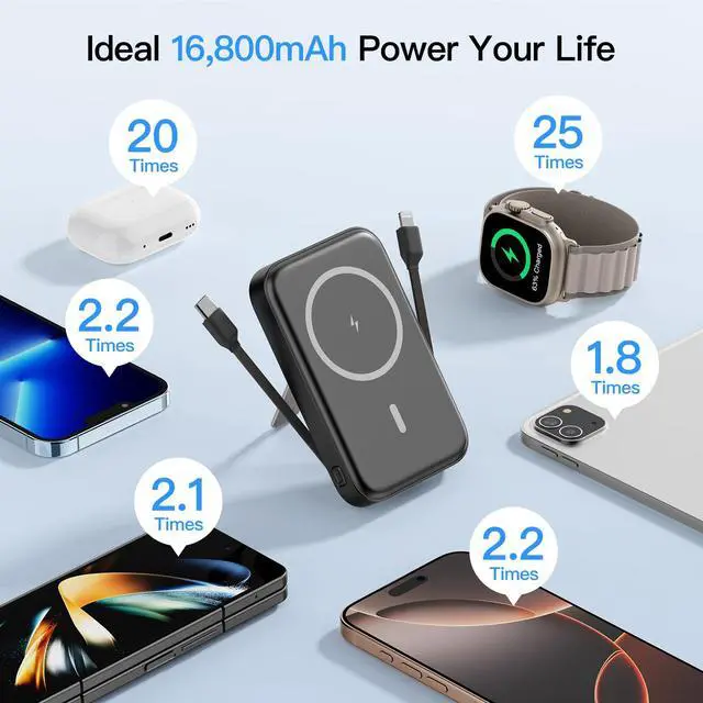 Alt view image 2 of 7 - 2026 Latest Portable Charger, 16800mAh Magnetic Wireless Power Bank with 2 Built in Cables, LED Display Battery Pack Travel Essentials for iPhone 17/16/15/14/13/Pro/Mini/Pro Max Andriod