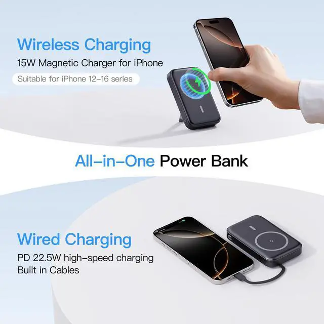 Alt view image 3 of 7 - 2026 Latest Portable Charger, 16800mAh Magnetic Wireless Power Bank with 2 Built in Cables, LED Display Battery Pack Travel Essentials for iPhone 17/16/15/14/13/Pro/Mini/Pro Max Andriod