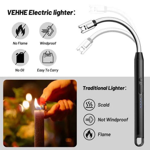 Alt view image 2 of 6 - Electric Lighter with 360° Flexible Neck, Flameless Windproof Long Candle Lighter with Led Battery Display, USB C Rechargeable with Hanging Hook for Gifts BBQ Fireworks (Black)