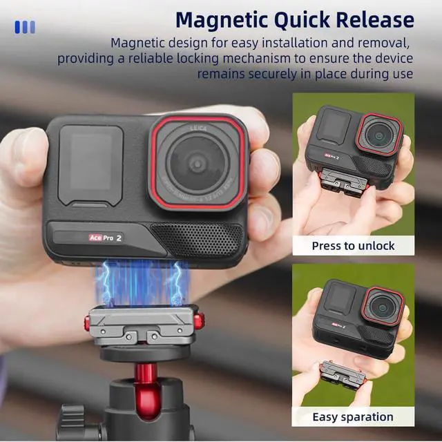 Alt view image 5 of 7 - X5 Quick Release Magnetic Base for Insta 360 Ace Pro 2/Ace Pro/Ace Camera, Aluminum Alloy Expansion Adapter mount for Insta360 X5/X4 Air, with 1/4" Screw Hole for Tripod, Selfie Stick Accessories