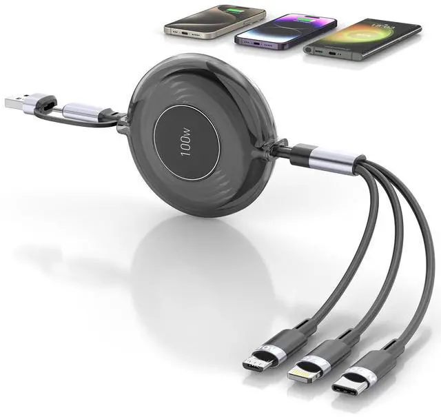 Main image of 4FT Multi Charging Cable 100W Retractable USB C Multiple Charging Cable iPhone Fast Charging Cord 3-in-1 Multi Charger Adapter for iPhone 14 15 13 ipad,Pixel,Samsung Universal Cable Travel Essentials