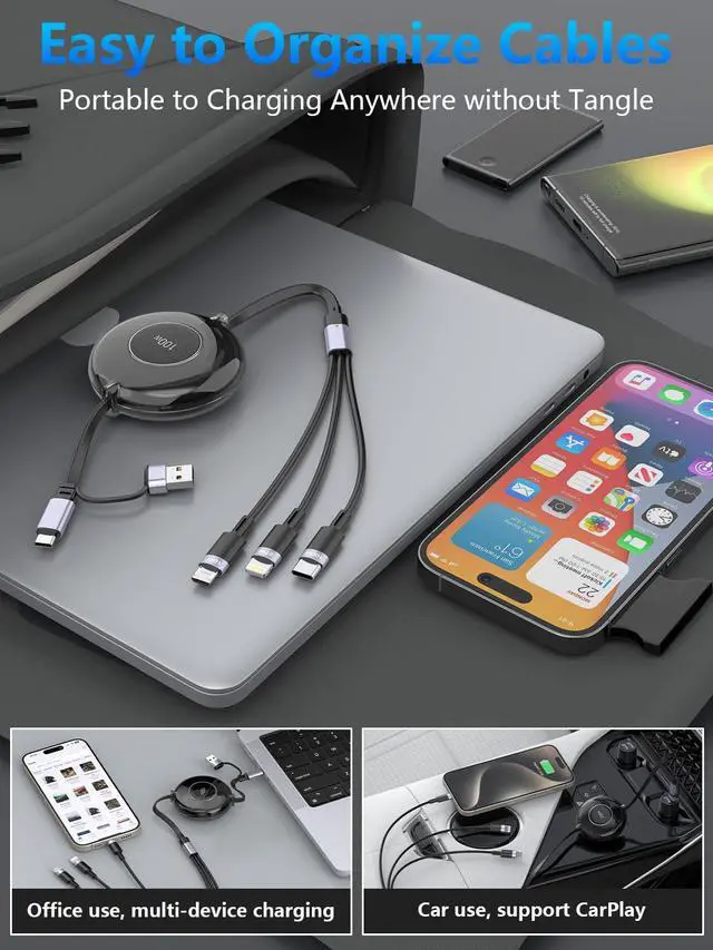 Alt view image 6 of 7 - 4FT Multi Charging Cable 100W Retractable USB C Multiple Charging Cable iPhone Fast Charging Cord 3-in-1 Multi Charger Adapter for iPhone 14 15 13 ipad,Pixel,Samsung Universal Cable Travel Essentials