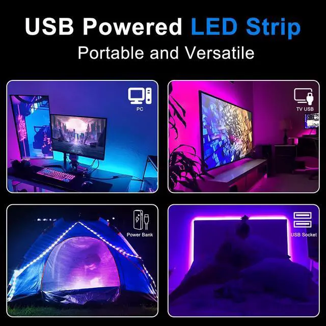 Alt view image 2 of 7 - 50ft LED Lights USB-Powered, RGB Strip Lighting for Bedroom/TV Backlight/Gaming Lighting, Color Changing Bluetooth Led Lights with Smart App Control, Music Sync Sound Reaction