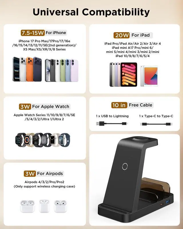 Alt view image 3 of 7 - Wireless Charger for iPhone - 5 in 1 Charging Station for Multiple Devices Apple: Fast Wireless Charging Stand Dock for iPhone 17 16e 16 15 14 13 12 Pro Max Apple Watch Airpods