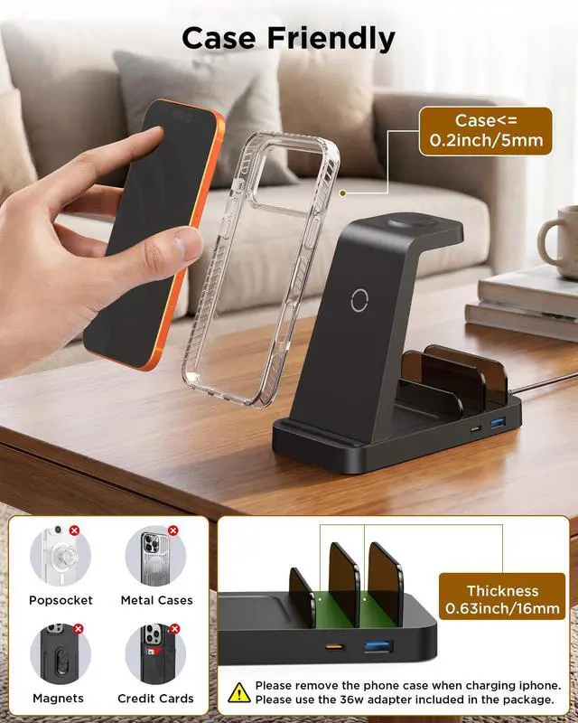 Alt view image 4 of 7 - Wireless Charger for iPhone - 5 in 1 Charging Station for Multiple Devices Apple: Fast Wireless Charging Stand Dock for iPhone 17 16e 16 15 14 13 12 Pro Max Apple Watch Airpods