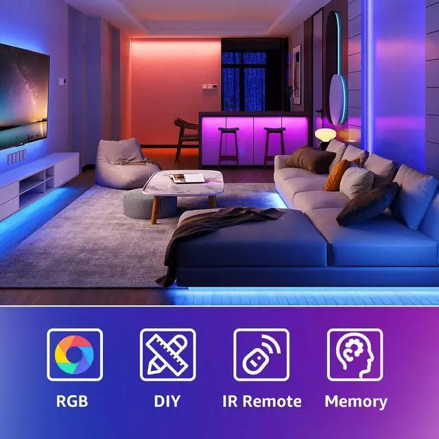 Alt view image 2 of 7 - 50ft USB-Powered RGB LED Strip Lights, Music Sync & Sound-Reactive Color Changing Lights for Bedroom, TV Backlight, Gaming Setup, Bluetooth, IR Remote & Smart App Control
