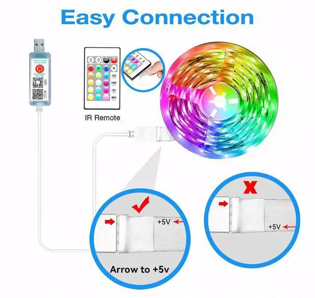 Alt view image 7 of 7 - 50ft USB-Powered RGB LED Strip Lights, Music Sync & Sound-Reactive Color Changing Lights for Bedroom, TV Backlight, Gaming Setup, Bluetooth, IR Remote & Smart App Control
