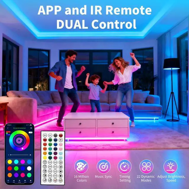 Alt view image 5 of 7 - LED Strip Lights,RGB Music Sync Color Changing Led Lights with Smart App Control Remote & Remote Control for Room,Part,Essential,Sense of Atmosphere Decoration(100FT-2 Rolls of 50ft)