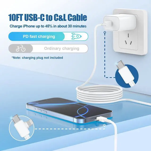 Alt view image 2 of 7 - 2 in 1 iPhone Fast Charger Cable 10ft, Long USB C to C Charging Cord/Type C to Lightning for Apple iPhone 17 Pro Max/17 Air/16 Pro/16e/15 Plus/14/13/12 Mini/11/XS/XR/X/8/7 Plus/6S/iPad/MacBook Pro