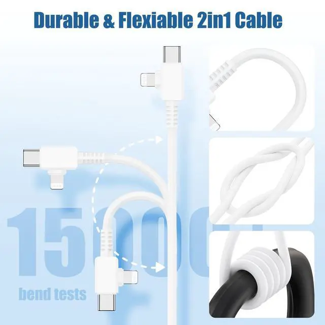 Alt view image 4 of 7 - 2 in 1 iPhone Fast Charger Cable 10ft, Long USB C to C Charging Cord/Type C to Lightning for Apple iPhone 17 Pro Max/17 Air/16 Pro/16e/15 Plus/14/13/12 Mini/11/XS/XR/X/8/7 Plus/6S/iPad/MacBook Pro